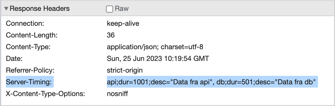 Response headers inneholder Server-Timing