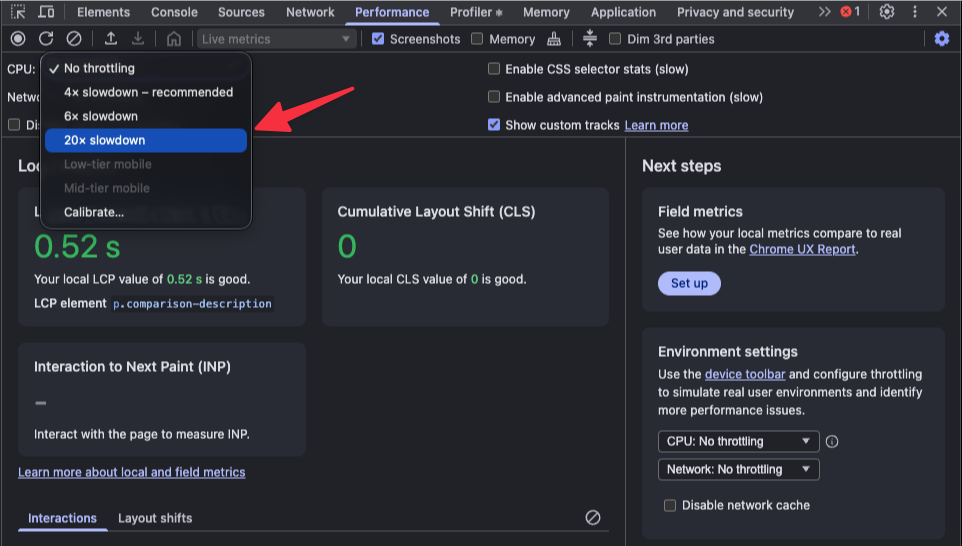 Gjør nettleser tregere i performance tab