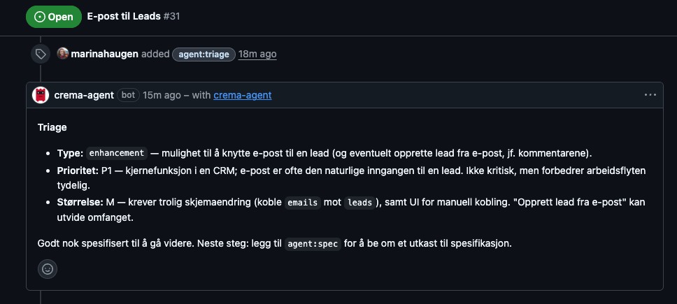 Triagen på saken: type, prioritet og størrelse, med begrunnelse.