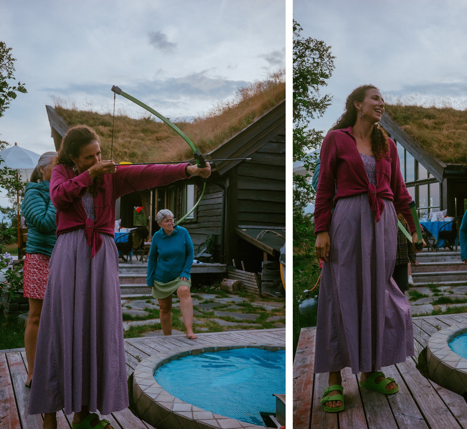 To bilder fra plattingen: først sikter jeg med pil og bue, så smiler jeg etter skuddet.